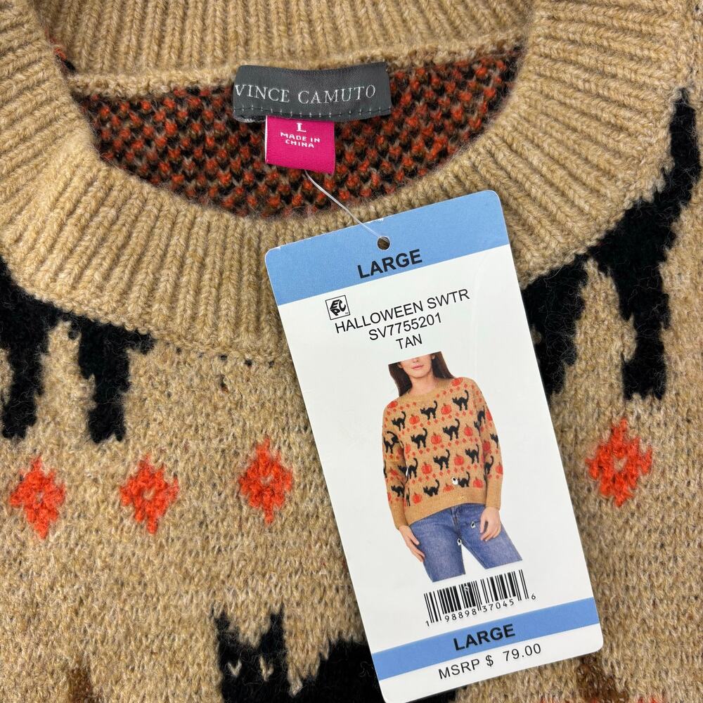 Vince Camuto Size Large Womens Sweater Black Cat Pumpkin Halloween Crewneck Fall - Picture 4 of 16